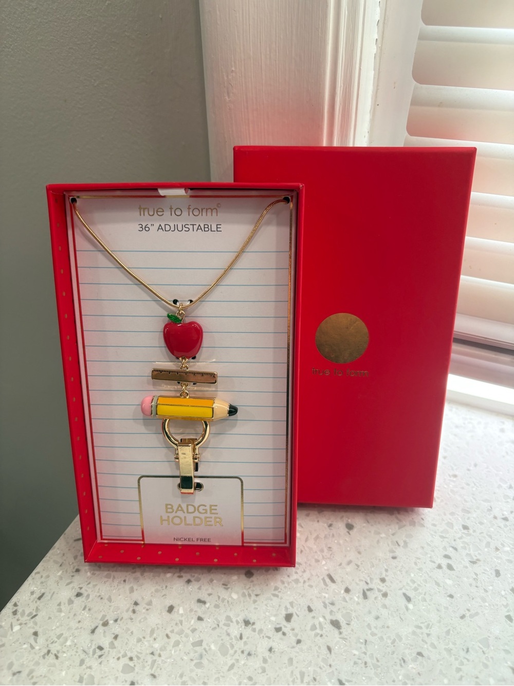 NIB True to Form Teacher Edition Red Apple & Pencil Badge Holder
